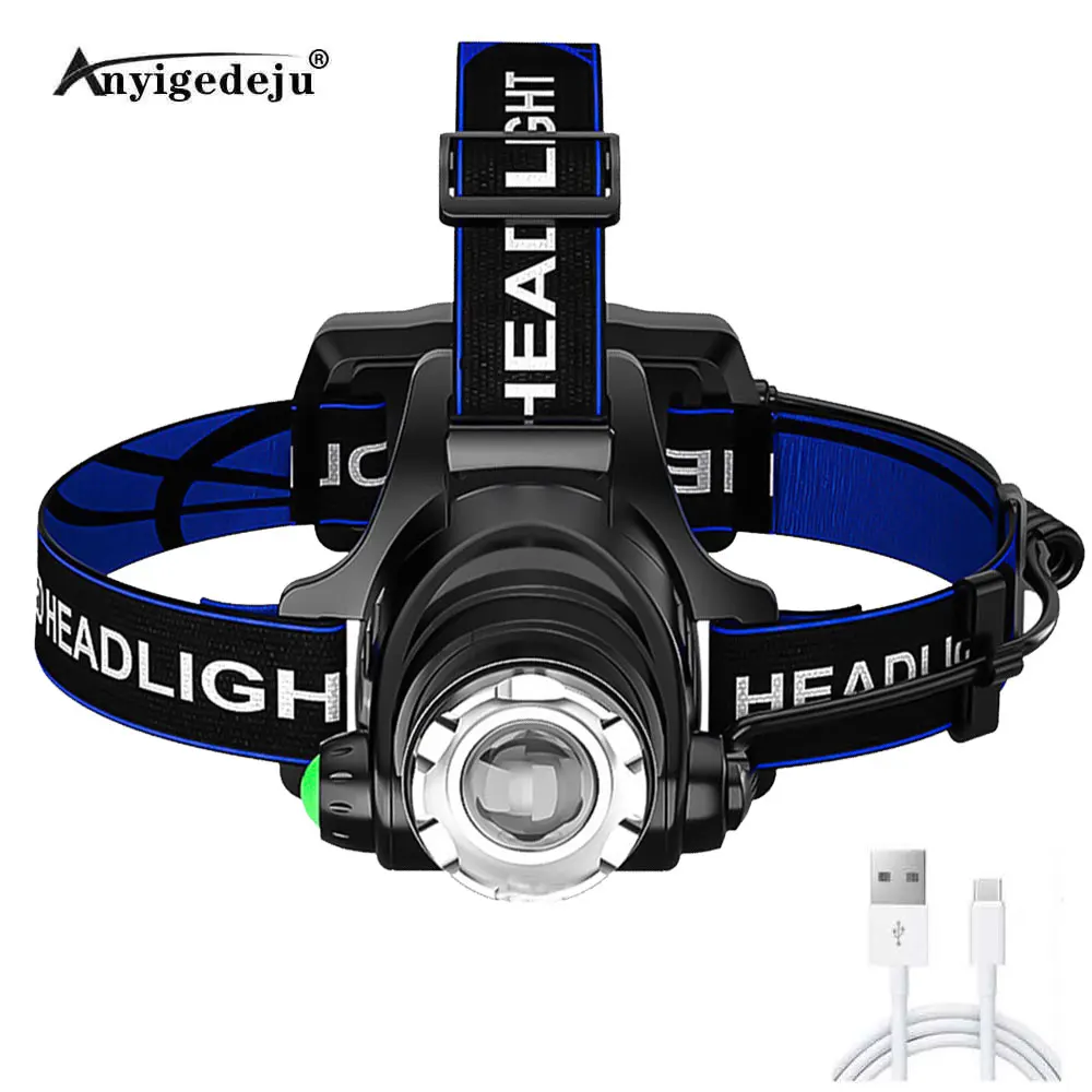 Potente linterna frontal LED XML T6, Faro de carga USB CC, resistente al agua, con batería de 18650, foco frontal con zoom para Camping