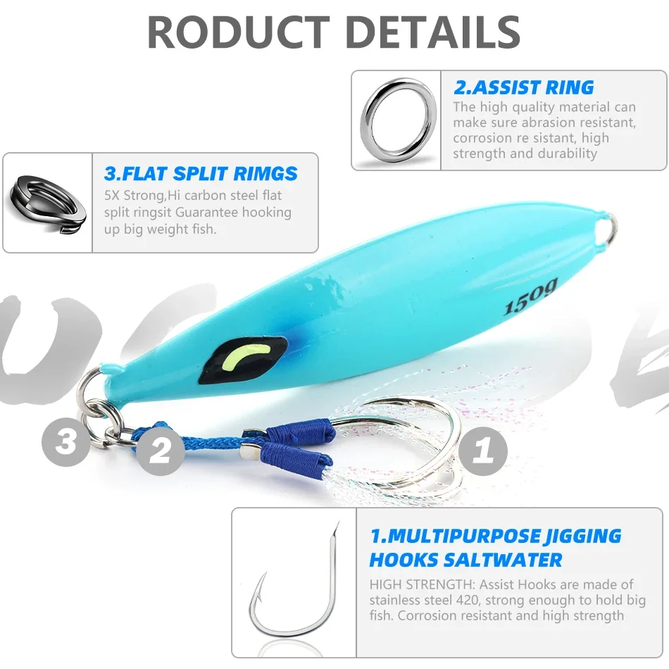 MOOKZZ SLOW Jigging nuevas plantillas de Metal señuelo de pesca 40g 60g 80g 100g 130g 150g 200g 250g Señuelos de pesca de mar de Metal grande - imagen 5