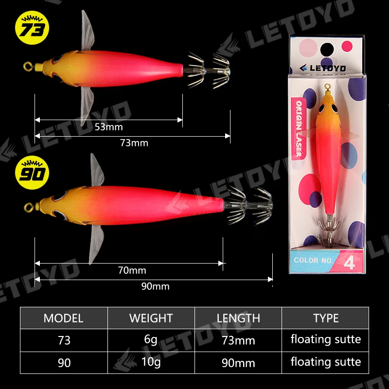 LETOYO 73mm/8g 90mm/10g Cebo flotante para calamares Cebo luminoso para pesca con jig Cebo artificial EGING Para Señuelo para pulpo Webfoot  Pesca de sepia EGI  Señuelo para pesca en el mar - imagen 2