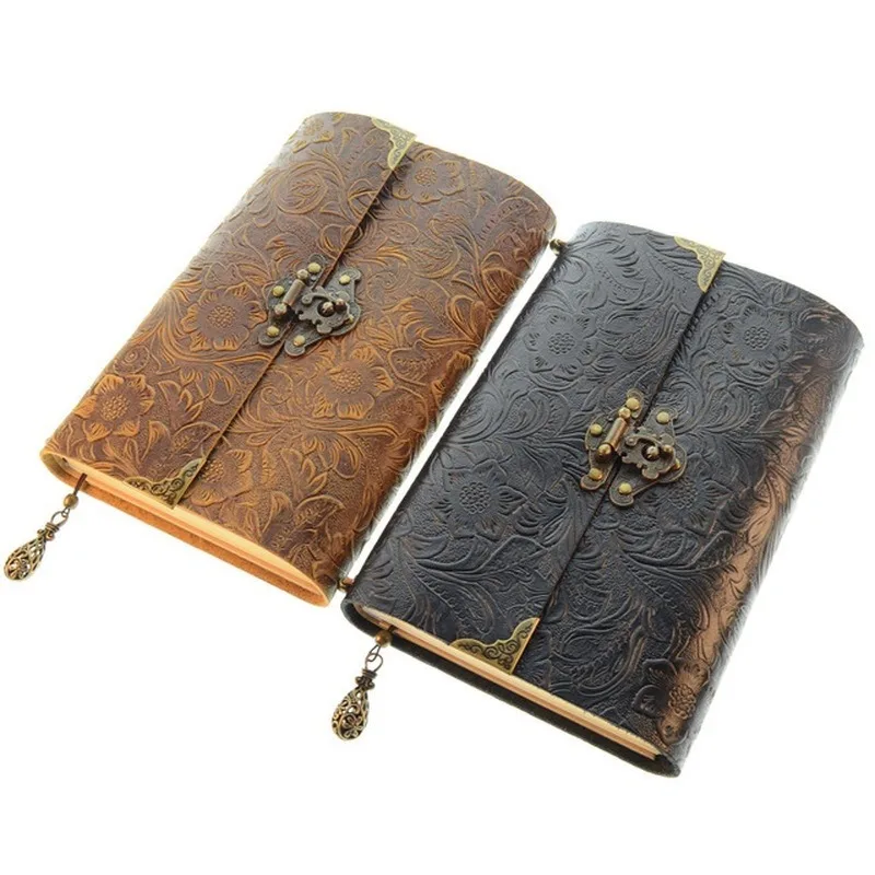 Cuaderno de viaje de cuero suave con patrón en relieve, con cerradura y clave, papel de bloc de notas para bocetos y escritura de negocios - imagen 2