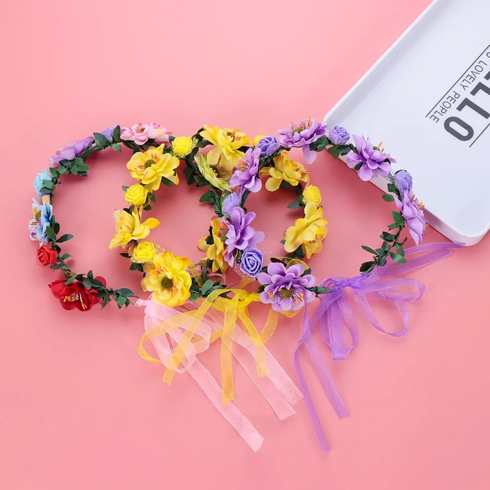 con cinta ajustable, diademas de hojas y flores, tocado de Halo nupcial, corona de flores rosas, corona Floral para niñas, guirnalda bohemia - imagen 4