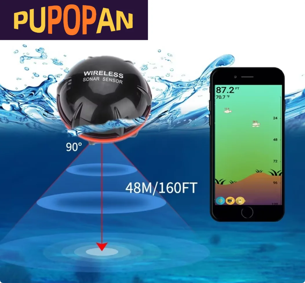 Buscador de peces con Sonar inteligente, inalámbrico, Bluetooth, portátil, 48m/160 pies de profundidad, para iOS, Android, equipo de pesca al aire libre - imagen 2