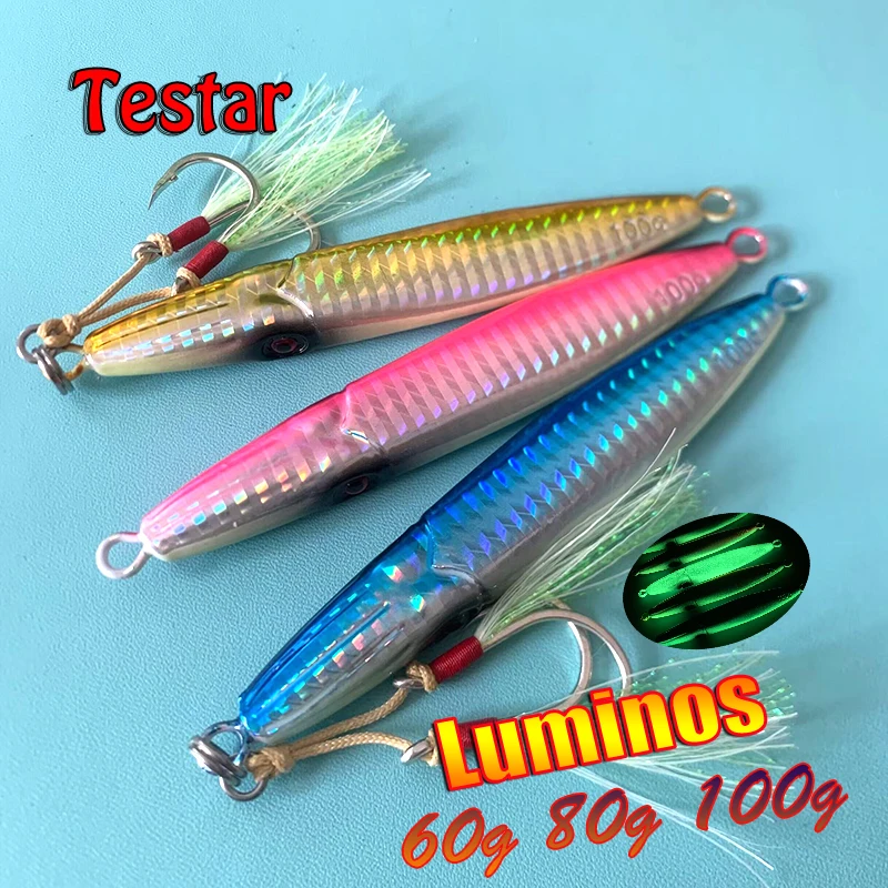 Testar-plantilla de Metal luminosa, 60g, 80g, 100g, señuelo de fundición larga, Pesca en barco, buceo profundo, cebo duro Artificial, Trolling, Jigging, Pesca - imagen 2