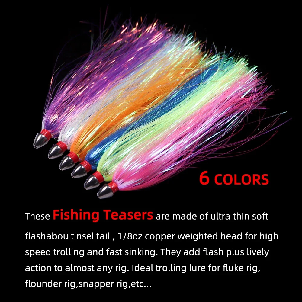 3 ~ 6 uds 5 "/4,5g bruja de mar cabeza de cobre Mylar Flash falda cola de teaser pesca de agua salada señuelo de curricán para Fluke Spigola Mahi Wahoo - imagen 4