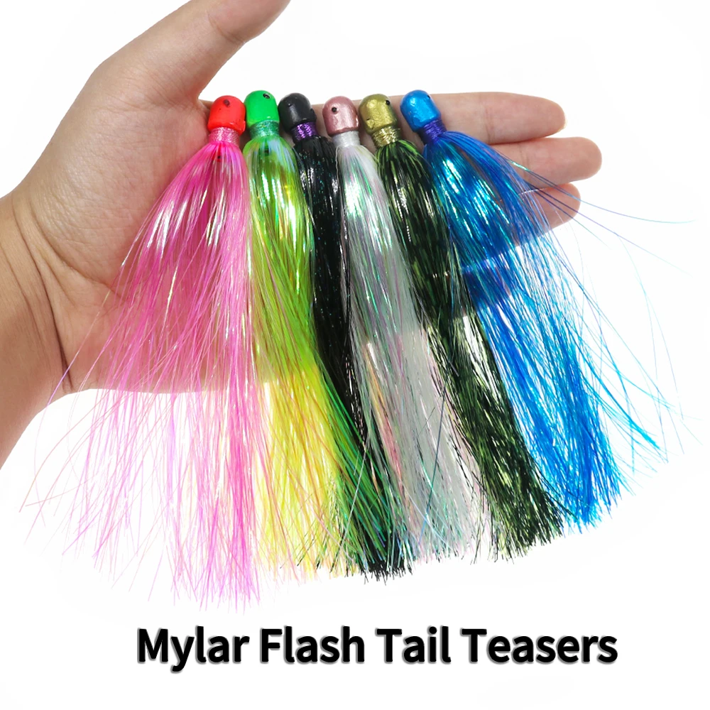 Elllv-señuelo de pesca de agua salada, 6 unidades, Mylar Flash Tail, resistente, Jig Head, curricán, cebo para Fluke Rig Flounder Rig, 6 colores - imagen 2