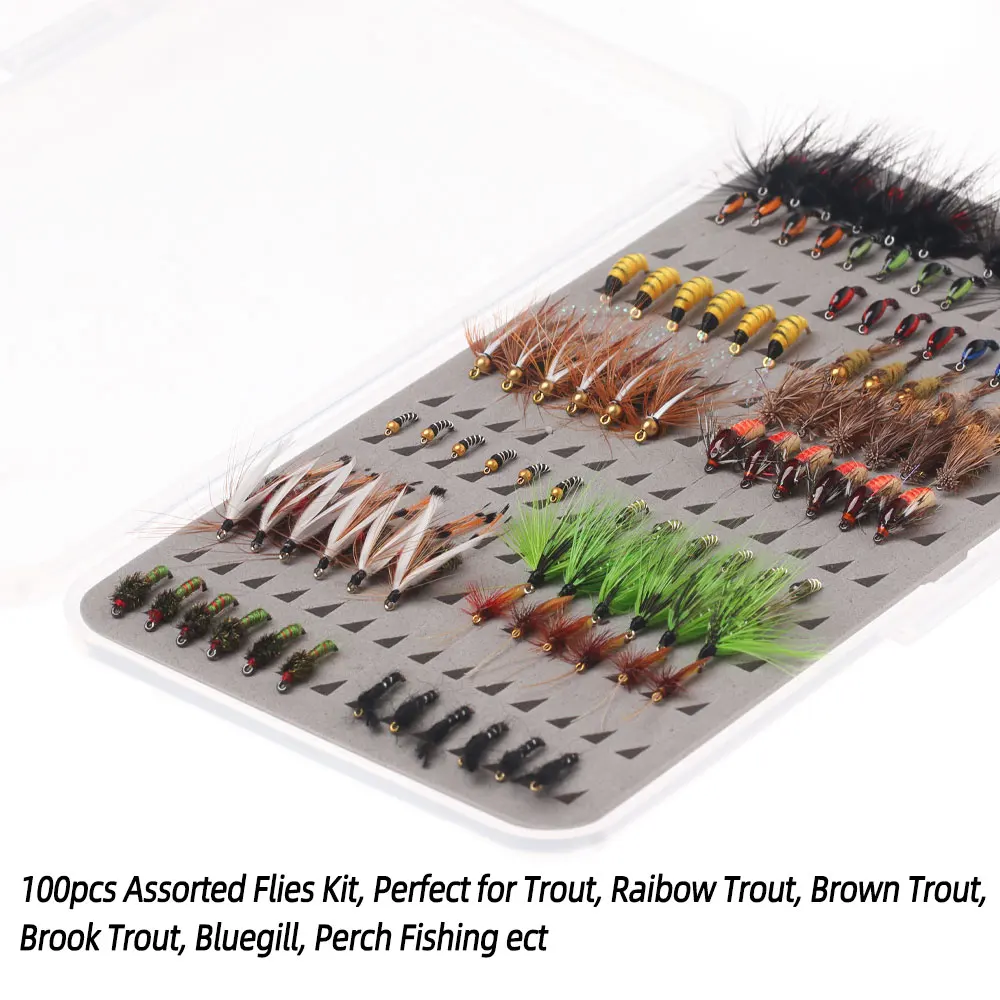 Descubra el kit perfecto de pesca de mosca para una variedad de especies de truchas con 100 moscas variadas