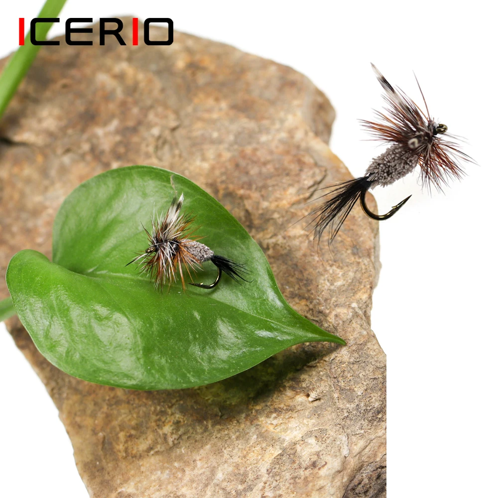 ICERIO 6 piezas # 14 Adams irresistible mosca seca ciervo pelo cuerpo Grizzly Hack anzuelos bronceados Caddis Midge Mayfly trucha señuelo de pesca cebo