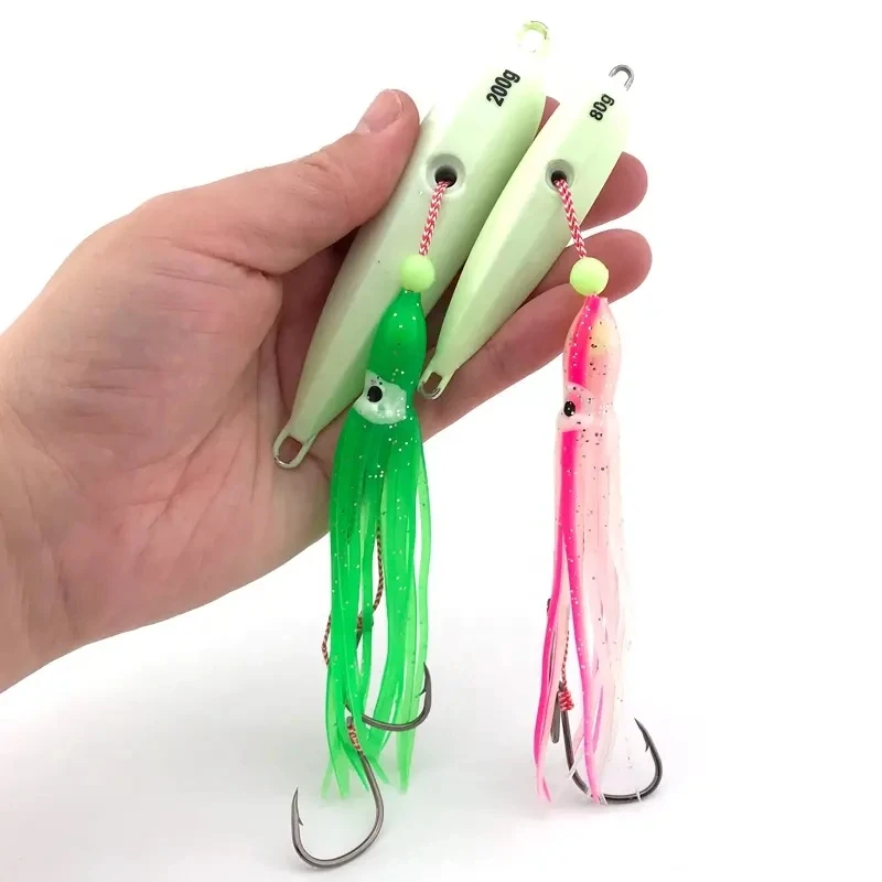 Señuelos de Jigging lento, cebo Artificial de 40g- 200g, faldas de anzuelo, luminoso, aparejos de pesca de agua salada, señuelo de Metal de calamar - imagen 2