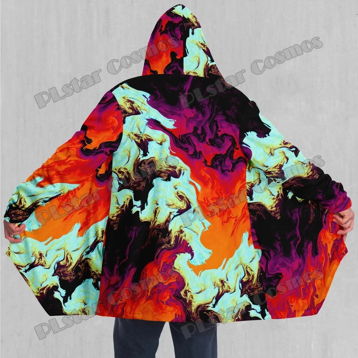 Capa con capucha forrada de Sherpa para hombre con estampado 3D de patrón colorido psicodélico de baño de Lava, capa gruesa y cálida informal para invierno, BB80 - imagen 3