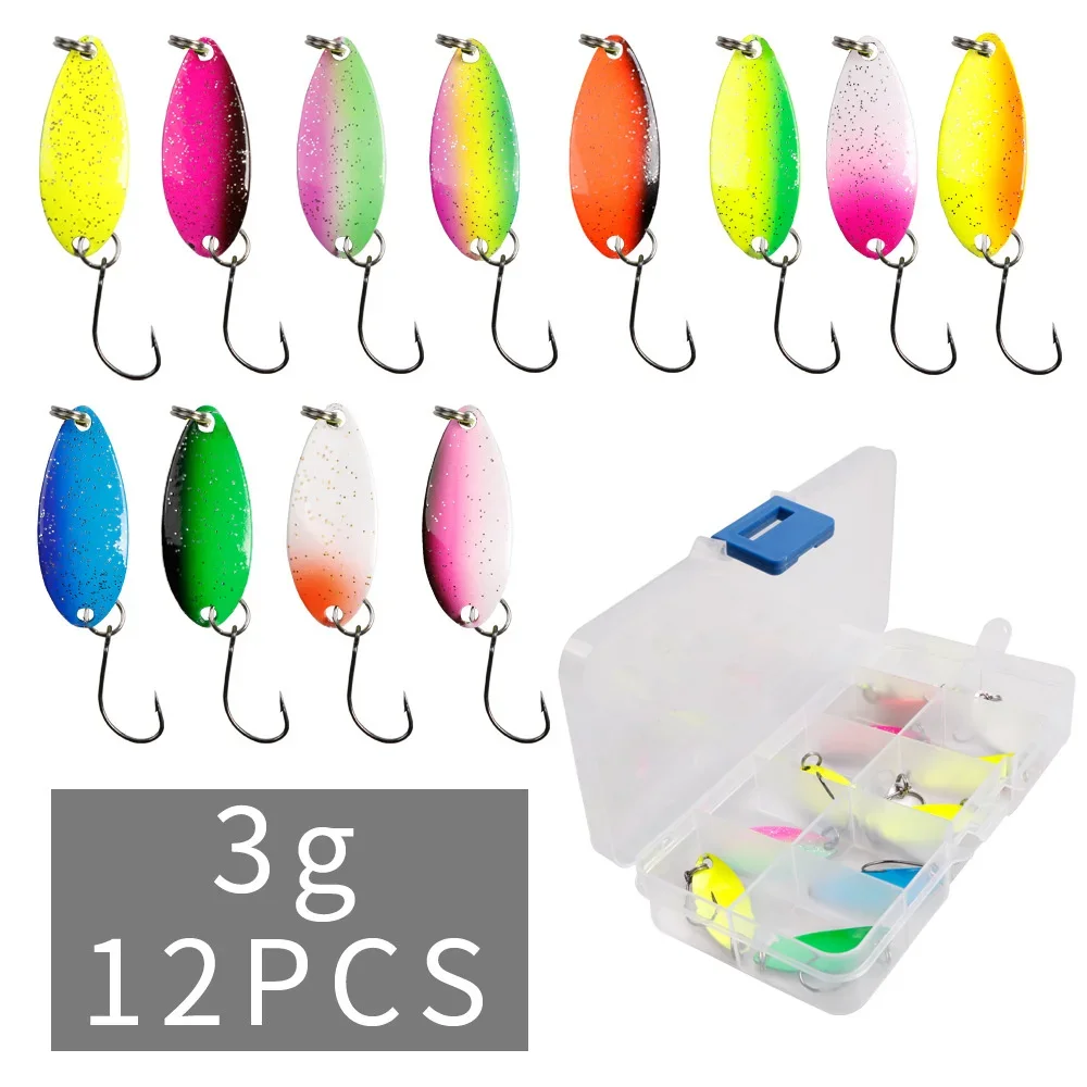 Juego de señuelos tipo cuchara, cebo de Metal para pesca, para lago, mar, carpa, lubina, Wobbler, pequeño, Mini Spinner, plantilla para trucha, Kit de caja dura, 12/43 Uds. - imagen 2