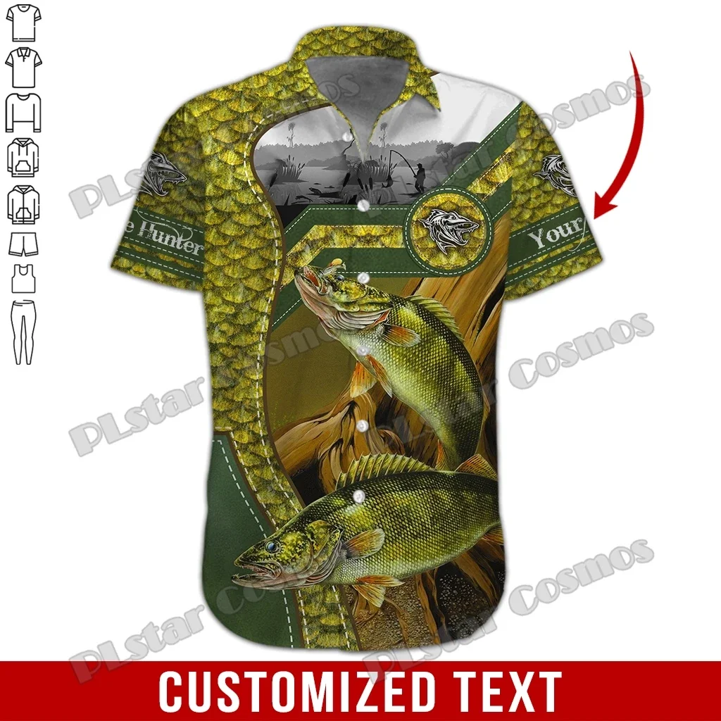 Las más nuevas camisas de manga corta de verano con nombre personalizado, camisa hawaiana con estampado 3D de Walleye amarillo, camisa informal de playa para hombre DXS08