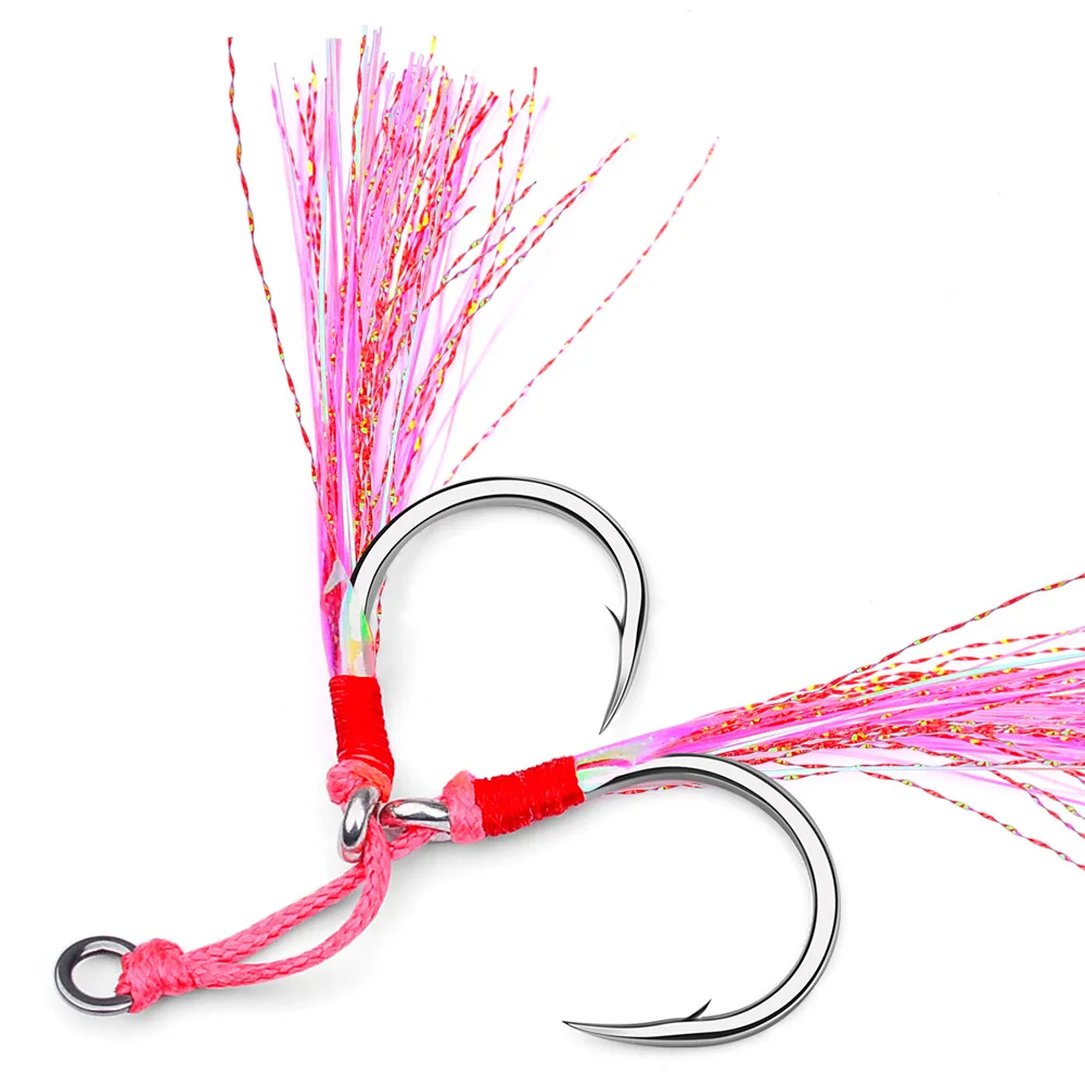 2 par/pack de anzuelos de Jigging dobles para pesca en agua salada/barco con hilo y plumas brillantes de piel de pescado para pesca con señuelo de Jigging lento - imagen 5
