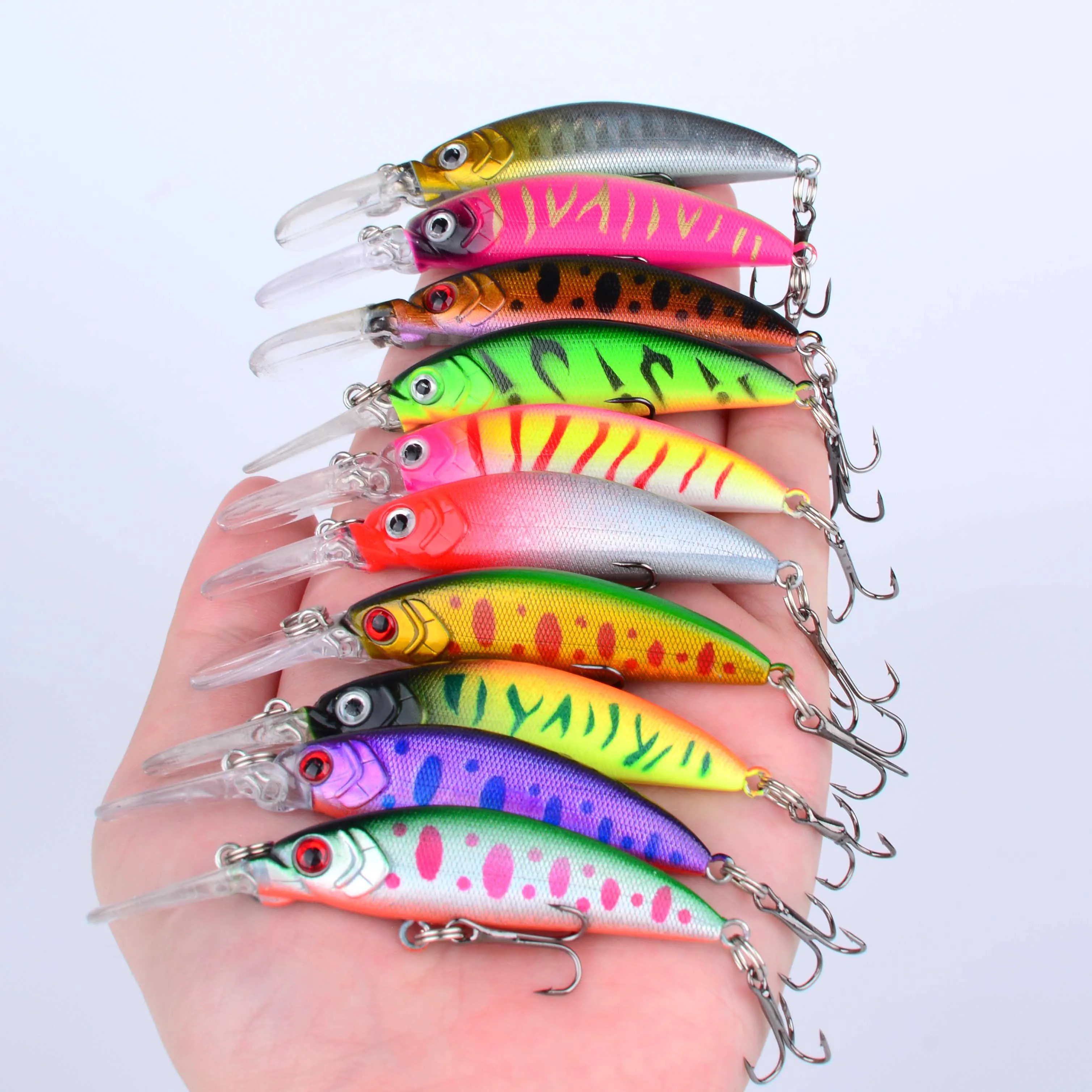 10 Uds señuelo de pesca Minnow manivela cebo tres ganchos Artificial Wobbler Jig Swimbait ojos 3D para señuelo aparejos de pesca - imagen 5