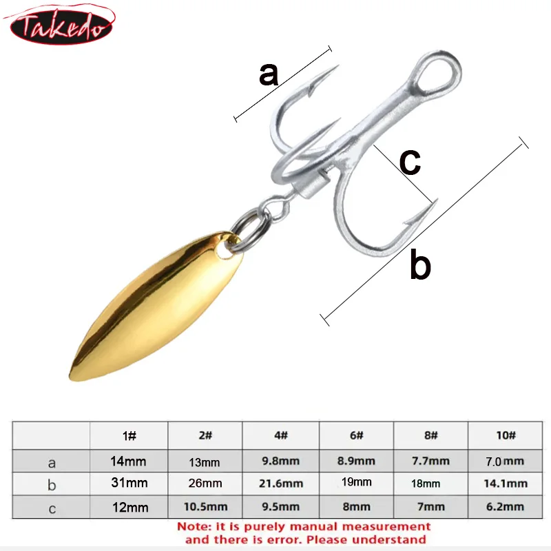 TAKEDO 10PCS/Caja 1 #   2 #   4 #   6 #   8 #   10 #   Anzuelo triple con cuchara giratoria, anzuelo de pesca de acero rico en carbono, anzuelos giratorios con lentejuelas
