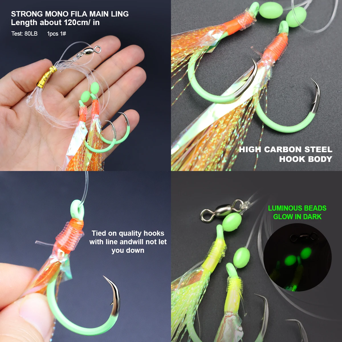 ZYZ 1 pieza de aparejos de pargo con 6/0 #   7/0 #   8/0 #   9/0 #   10/0 #   Ganchos circulares luminosos y anzuelos de cuerda para aparejos Sabiki de pesca en agua salada de seda - imagen 4