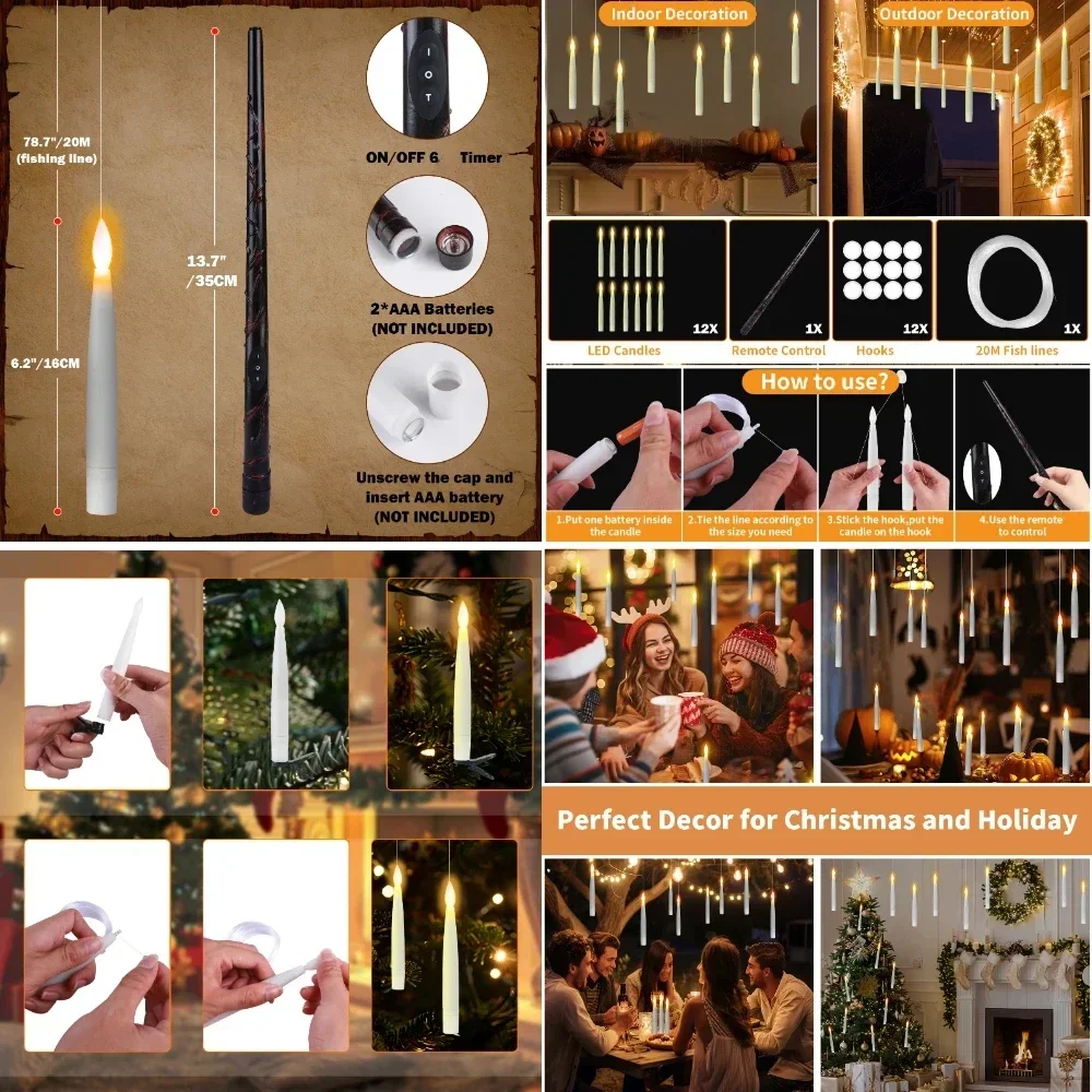 Velas LED flotantes sin llama con varita mágica, velas de ventana colgantes parpadeantes remotas, decoración de Navidad y Halloween, 8/12 piezas - imagen 3