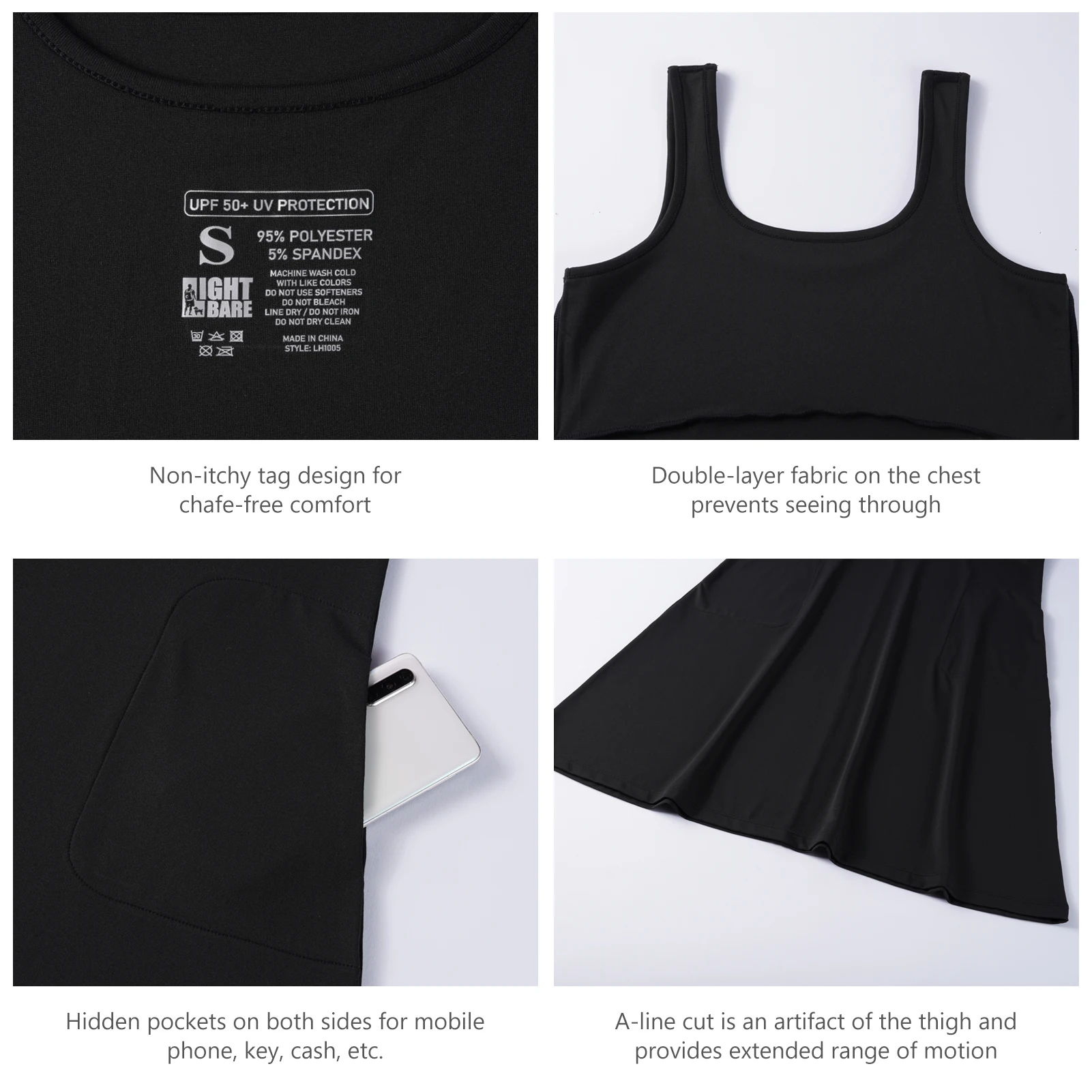 Lightbare vestido sin mangas UPF 50 + para mujer, traje de una línea con bolsillos, transpirable, secado rápido, protección solar para senderismo, playa al aire libre - imagen 5