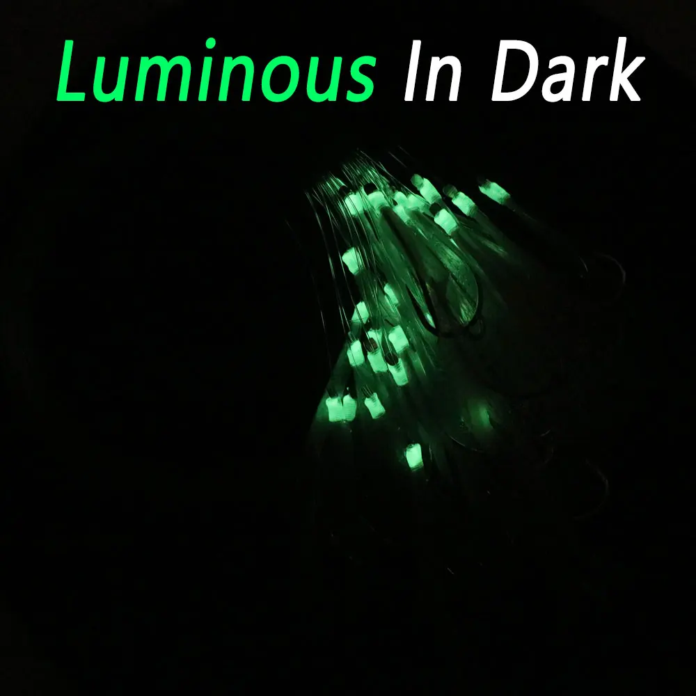 Bimoo-anzuelos de cuerda de piel de pez simulada luminosa, aparejo Sabiki, pesca en agua salada, señuelo de pesca en alta mar, anzuelo de pesca intermitente, 100 Uds. - imagen 5