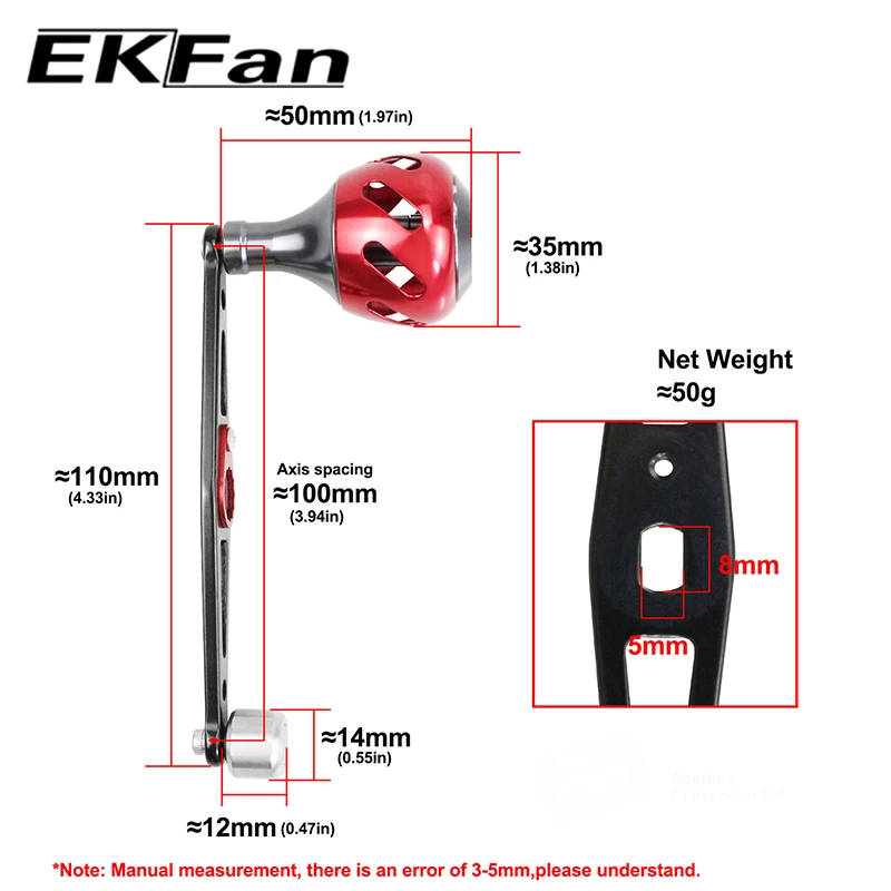 EKfan-mango de carrete de pesca de aleación de aluminio, mango de 112MM y perilla de 35MM, agujero de 8x5mm para accesorios de rueda de pesca Baitcasting - imagen 5