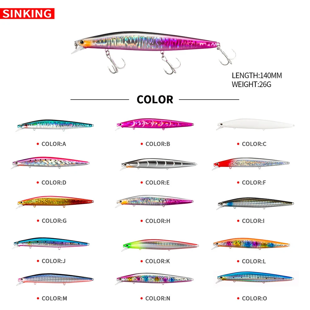 Señuelo de pesca Minnow Wobbler de 14cm y 26g, Jerkbait de hundimiento de fundición larga, cebo duro Artificial, pesca en el océano, trucha, lubina, señuelo biónico - imagen 4