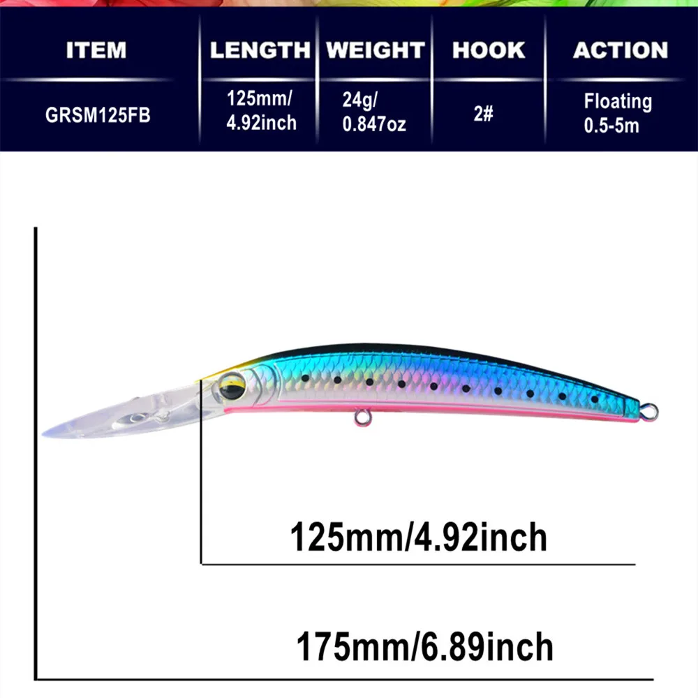Señuelo de pesca de pececillo de lengua larga GRS, cebo duro Artificial para curricán de lubina, 12,5 cm, 24g, Crankbait Wobblers para curricán Jerkbait - imagen 4