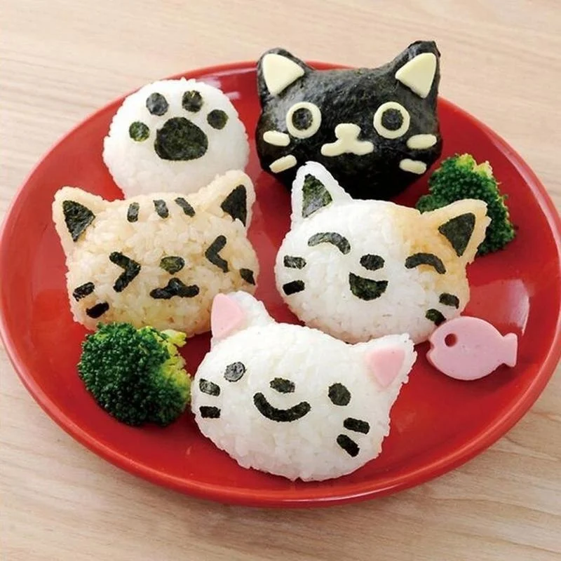 Juego de moldes para bolas de arroz con forma de gato y conejo, fiambrera de dibujos animados para niños, herramienta creativa para Sushi de arroz japonés, moldes para pasteles, moldes de silicona - imagen 2