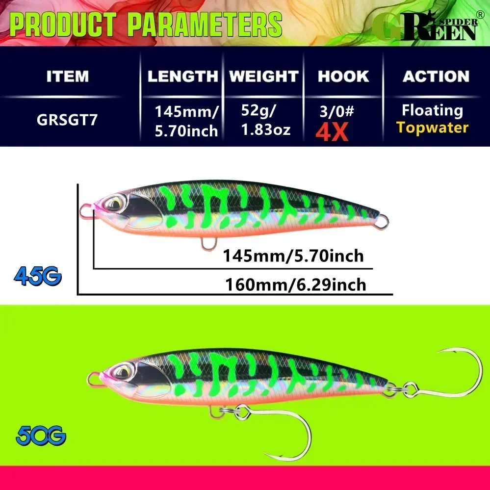 GREENSPIDER-señuelo de pesca pesado, lápiz flotante de 145mm, 52g, cebos duros artificiales para pesca en el mar, Stickbait GT - imagen 5