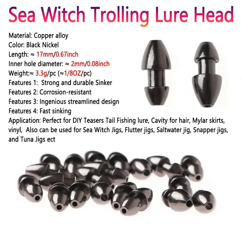 Bimoo, 5 uds., cabeza de señuelo de curricán de bruja de mar, 3,3g, plomo de alta resistencia, Mylar Flash Teaser, plantilla de cola, señuelos DIY, plantillas de agua salada para atún - imagen 3