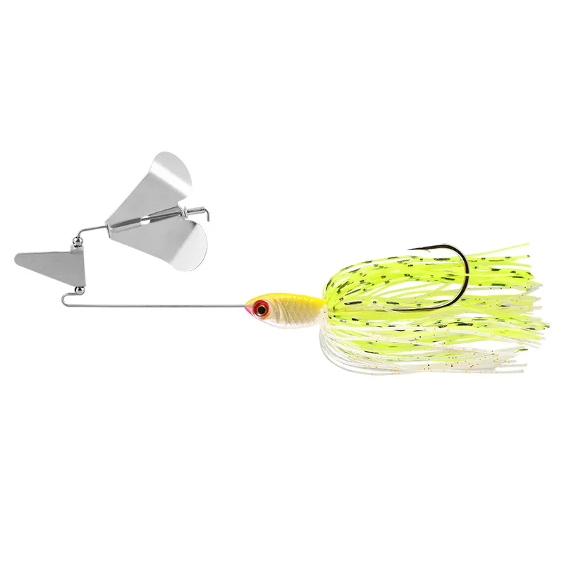 un señuelo de pesca con una ruleta de metal y un diseño llamativo brillante