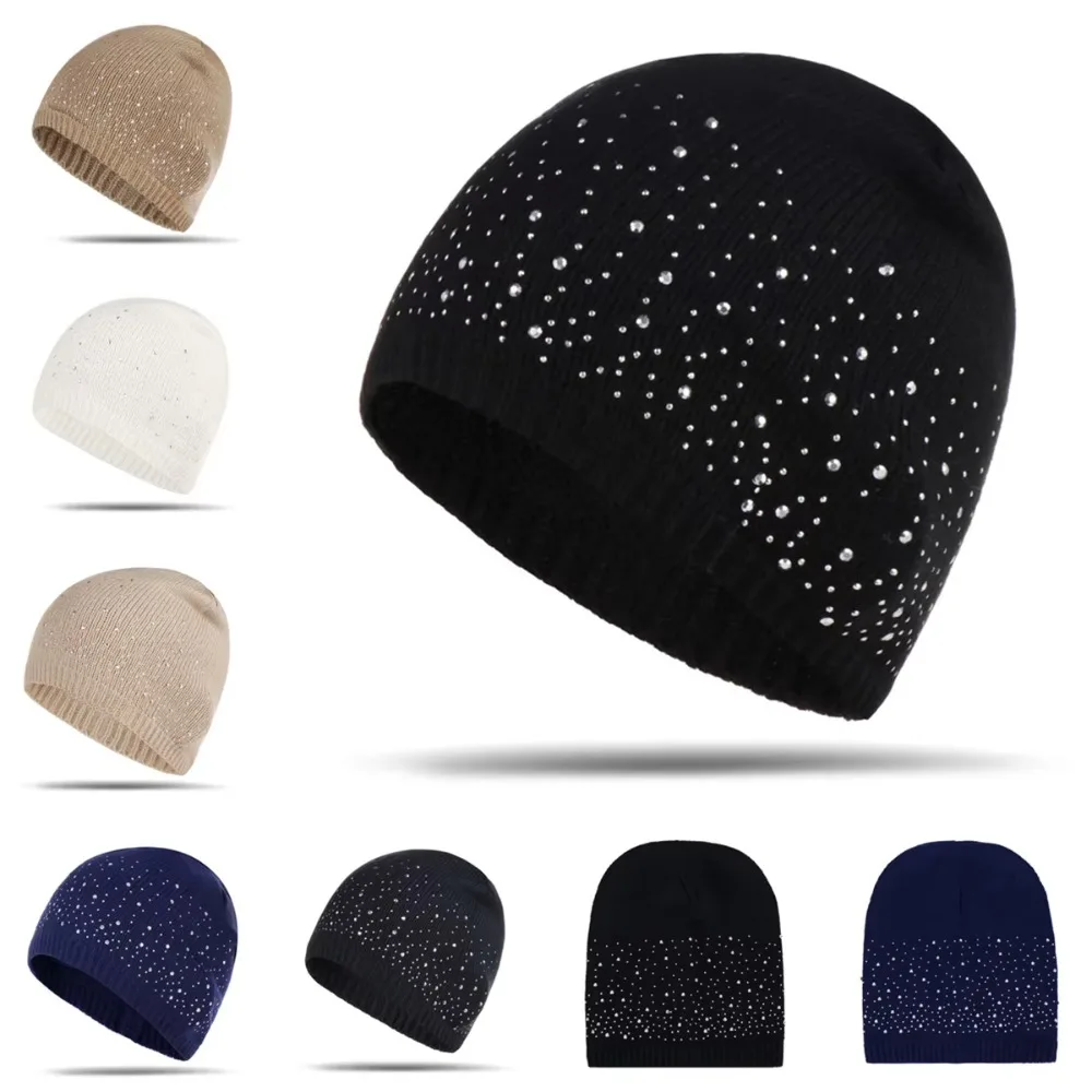 Gorro de punto informal, elegante y brillante para mujer, gorro de punto cálido de algodón, gorros con decoración de diamantes de imitación suaves, gorro Unisex