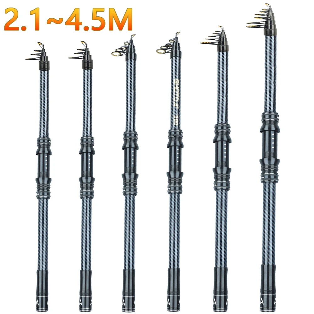 Caña de pescar giratoria de 2,1 M-4,5 M, equipo de pesca telescópico de carbono, caña alimentada portátil de larga distancia para carpa, cañas de barco de mar duras y fuertes - imagen 3