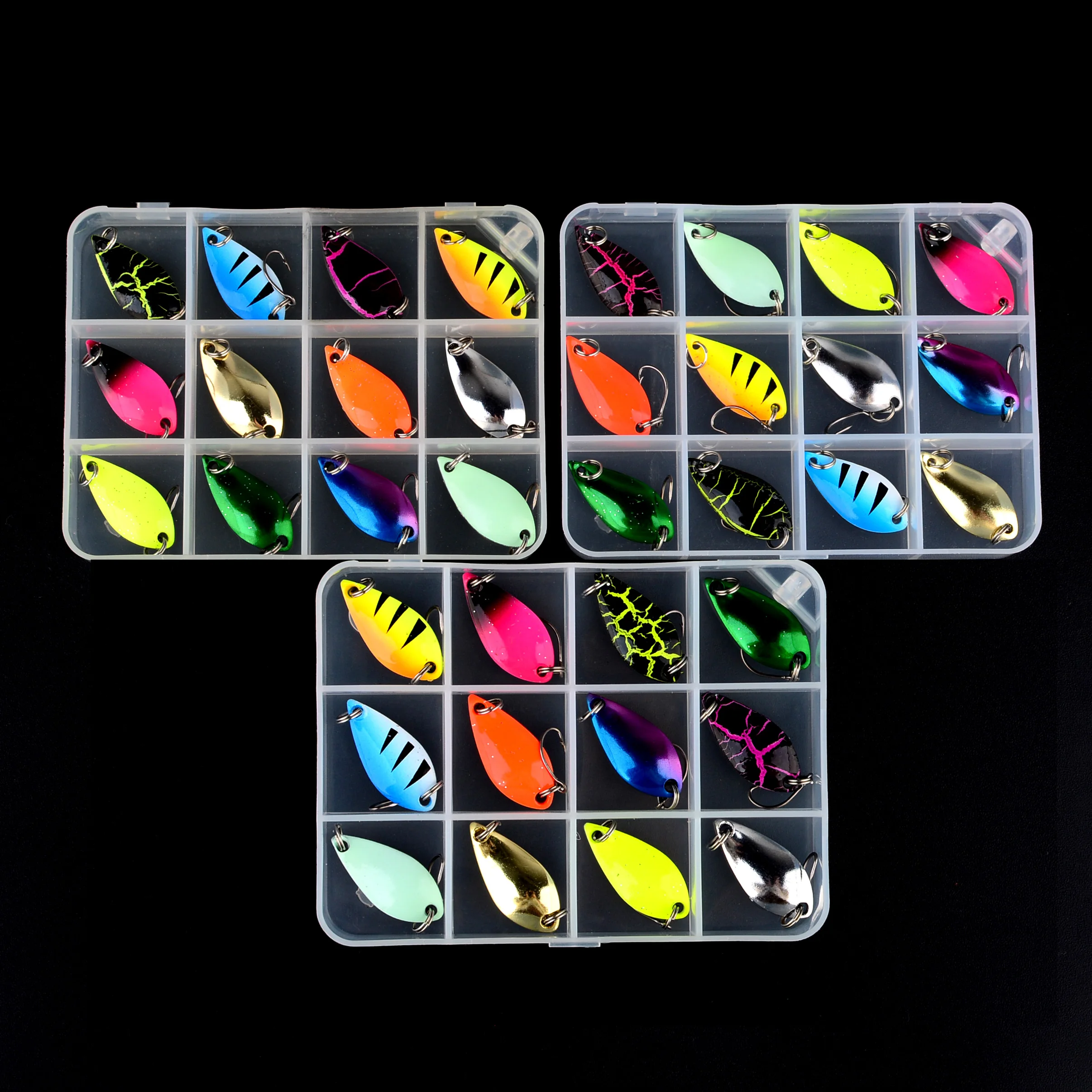 12 unids/caja Spinner trucha cebo cuchara de Metal señuelo de pesca anzuelo Wobbler fundición Jigging accesorios de aparejos