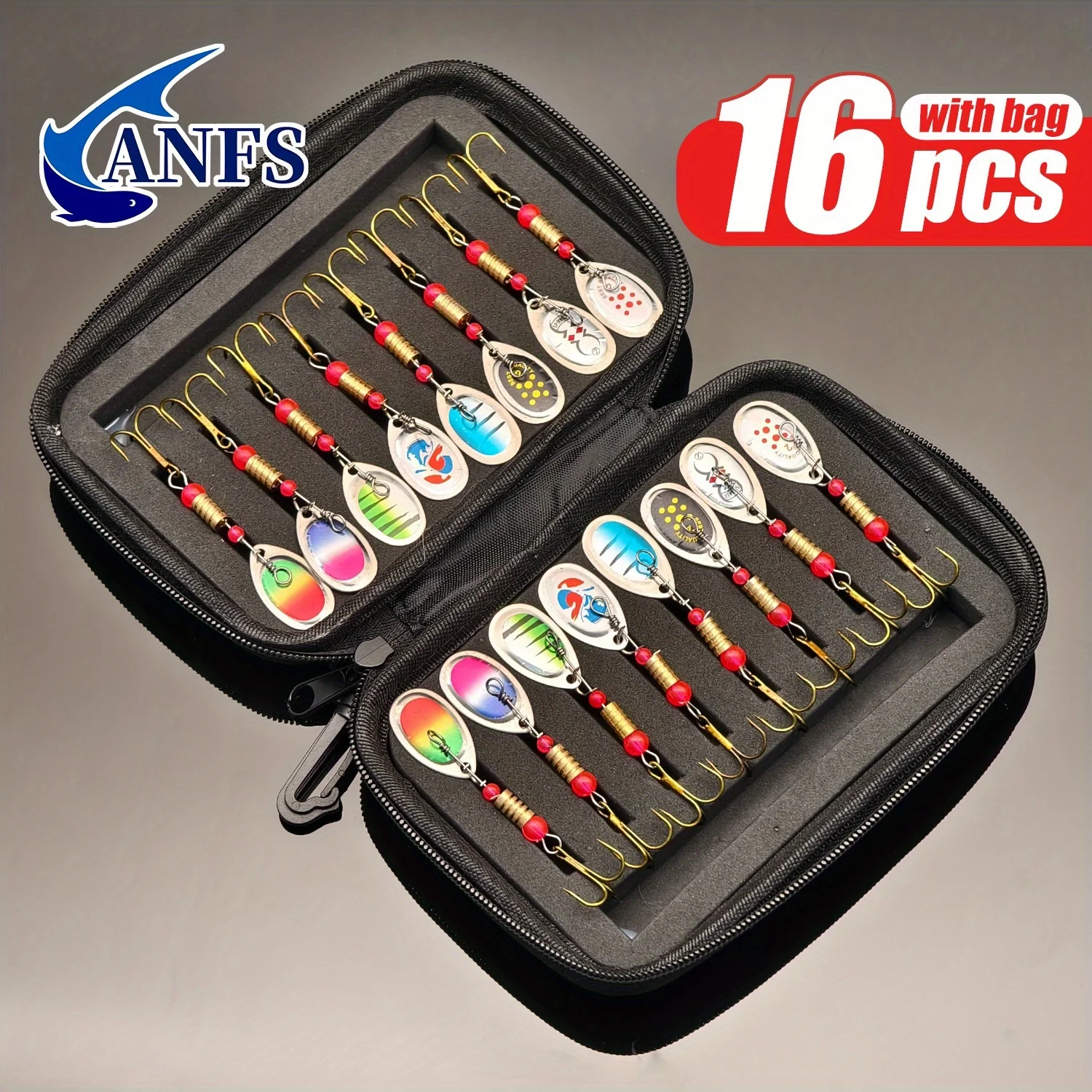 ANFS 16 Uds. Señuelos de pesca de Metal duro-señuelos de trucha, hilanderos de pesca, señuelos giratorios con bolsa de transporte portátil, Kit de Señuelos de Pesca con cuchara - imagen 2