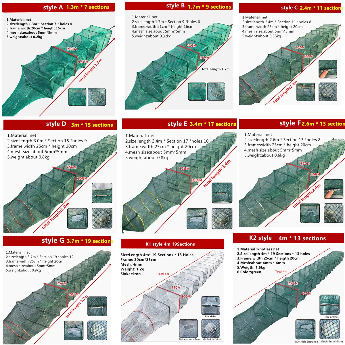 POUI COME DREAM-Caja De Pesca De 1,3 M a 27M, accesorios De Pesca, herramienta De captura De camarones, cangrejo, Anguila, trampa para tierra, Red De pescado - imagen 3