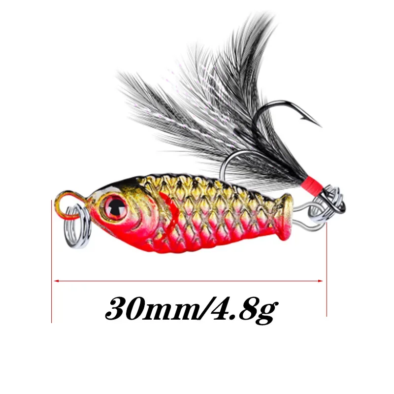 4 unids/set Señuelos de pesca con plantilla de Metal 3cm 4,8g cuchara vibratoria cebo duro Artificial con anzuelo de plumas para aparejos de pesca de lubina y trucha - imagen 5