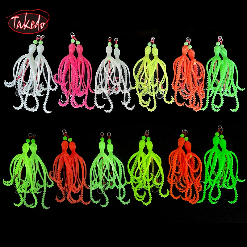 TAKEDO 2 unids/bolsa 9G TPR falda de pulpo calamar luminoso suave señuelo pesca en el mar UV señuelo de curricán cebo Artificial para lubina atún - imagen 4
