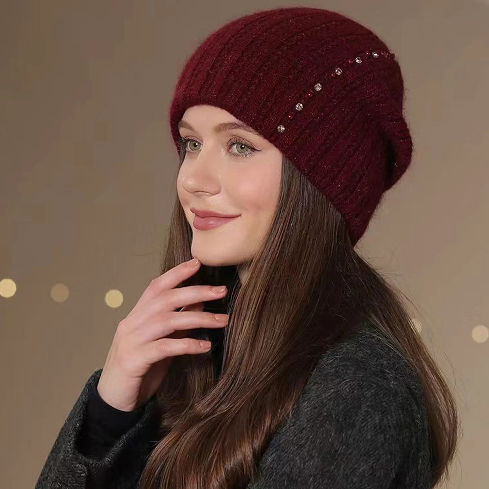 Gorro de ciclismo cálido para invierno, gorro de lana tejido con diamantes de imitación a la moda, gorro sin ala grueso a prueba de viento para exteriores para ciclismo - imagen 3
