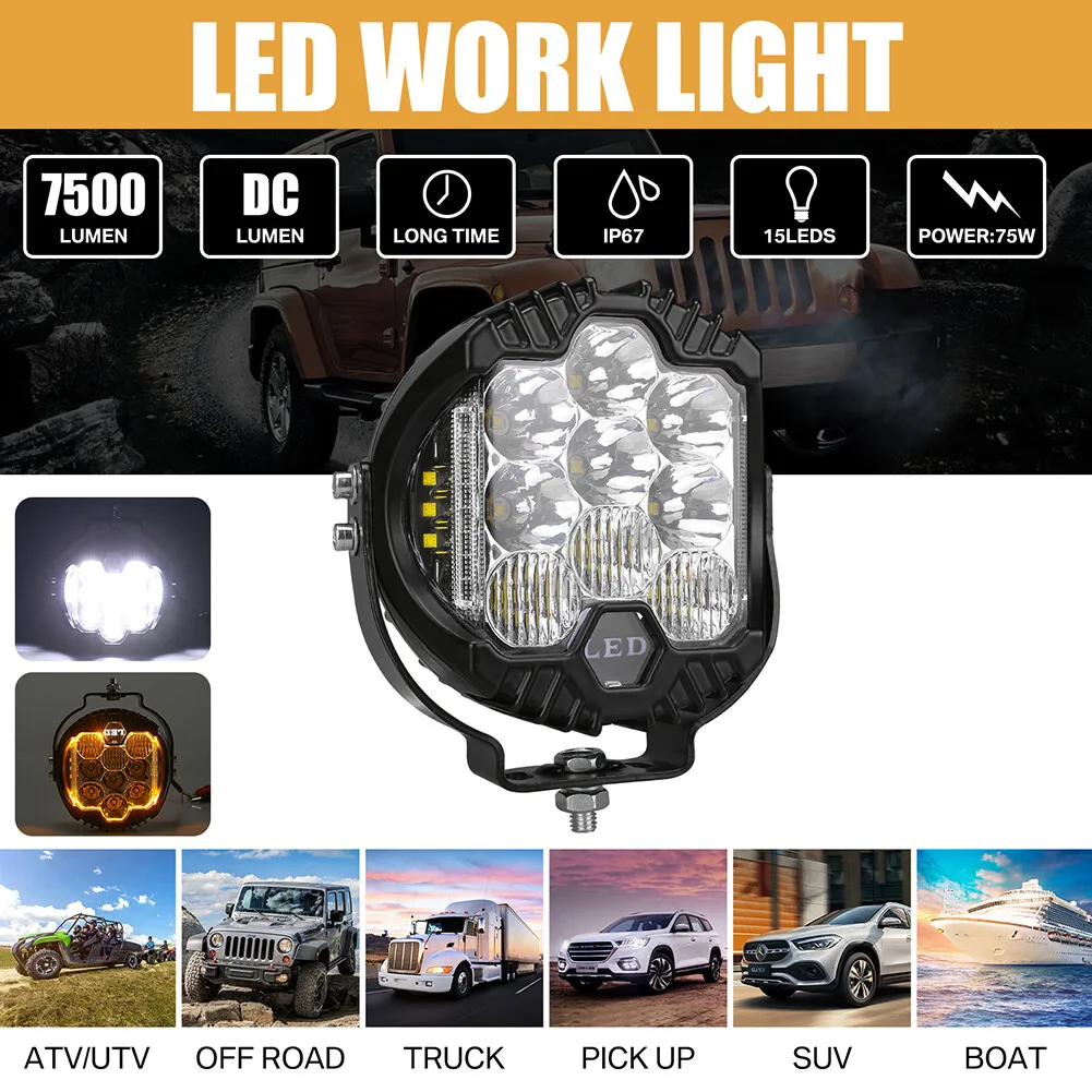 Luz Led de trabajo de 5 pulgadas y 75W, iluminación lateral circular para tirador, iluminación clara, lámpara Led intermitente lateral ámbar para conducción, iluminación para motocicleta - imagen 4