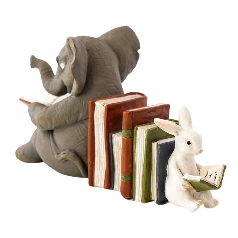 Estatua de aprendizaje de lectura de elefante y conejo, sujetalibros, estatua de Animal de resina, decoración del hogar - imagen 3