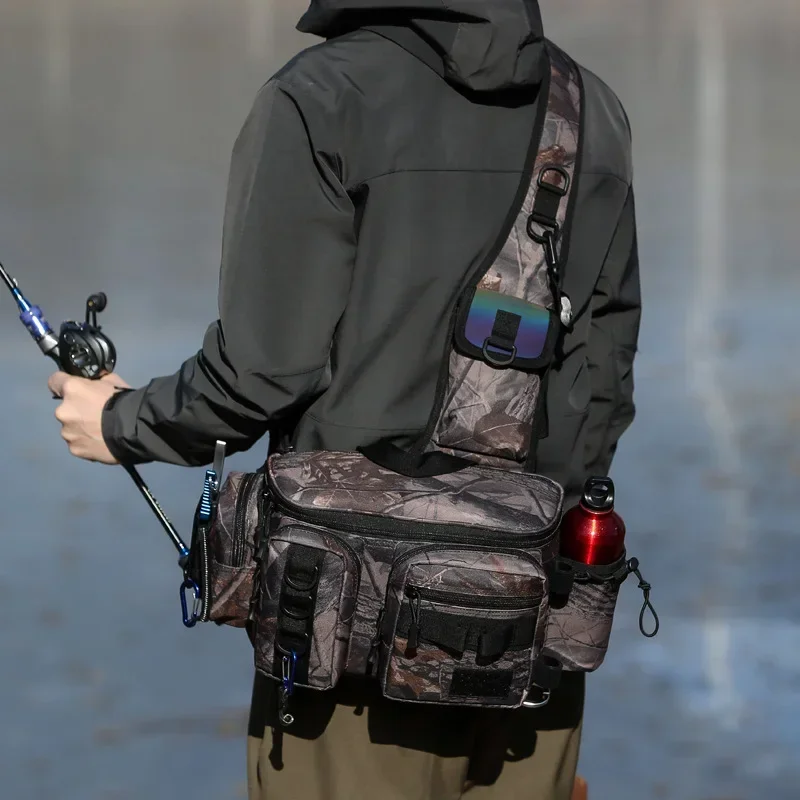 Bolso de hombro de pesca, riñonera de pesca multifuncional, nailon 600D, grande, multibolsillo, impermeable para deportes al aire libre para montar - imagen 4
