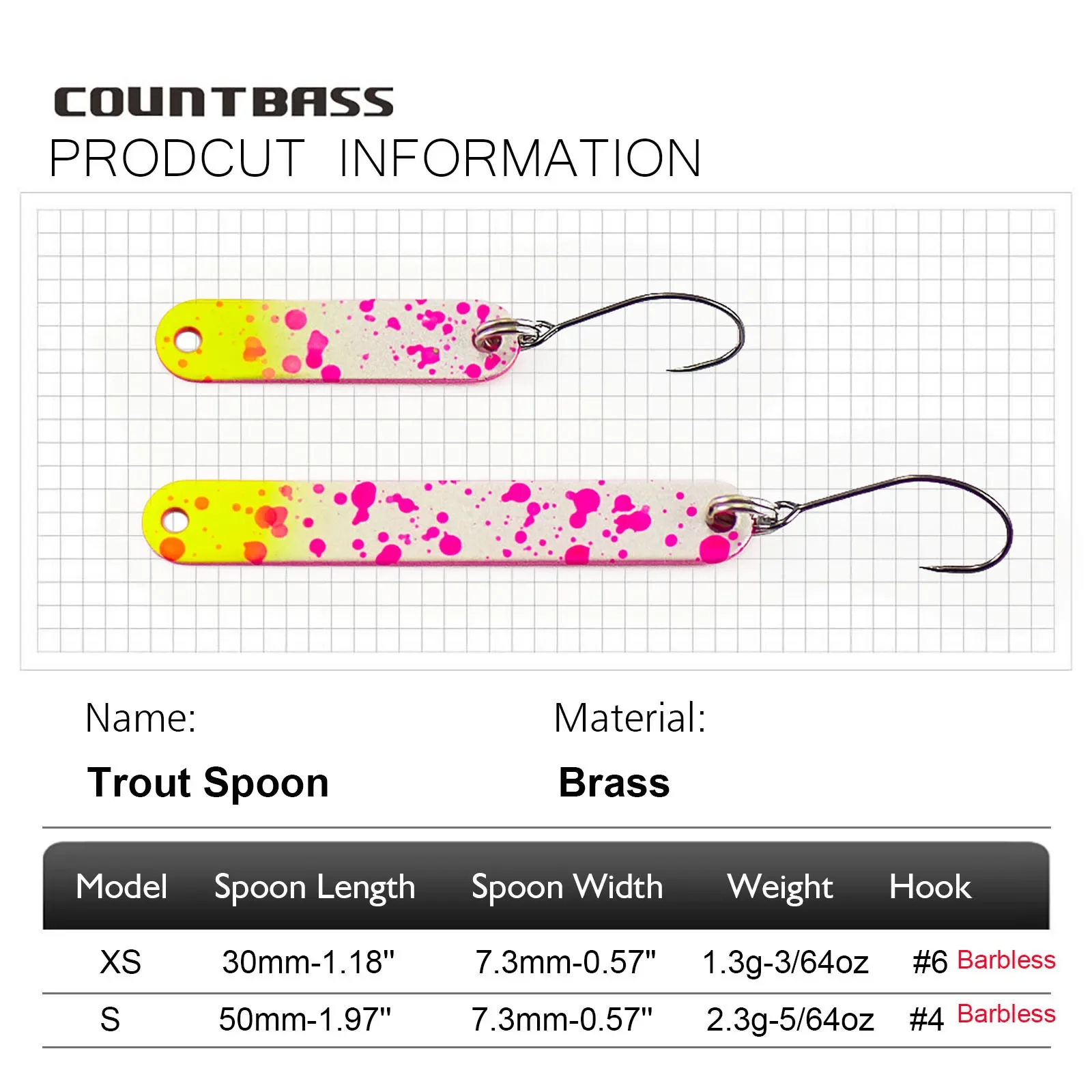 COUNTBASS 3/64oz 1,3g, 5/64oz 2,3g cucharas de trucha de latón con anzuelo sin púas colores UV cebos de pesca Lucio Señuelos de pescador - imagen 2