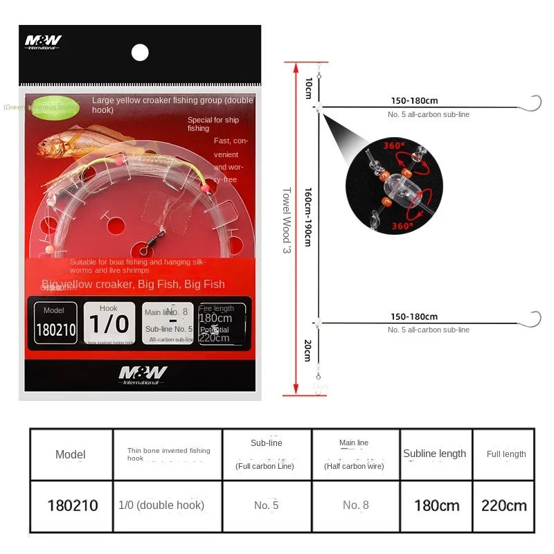 M&W Pesca en el mar, croaker amarillo grande, cuerda de goma luminosa, juego de pesca con doble gancho, cebo con señuelo vivo - imagen 3