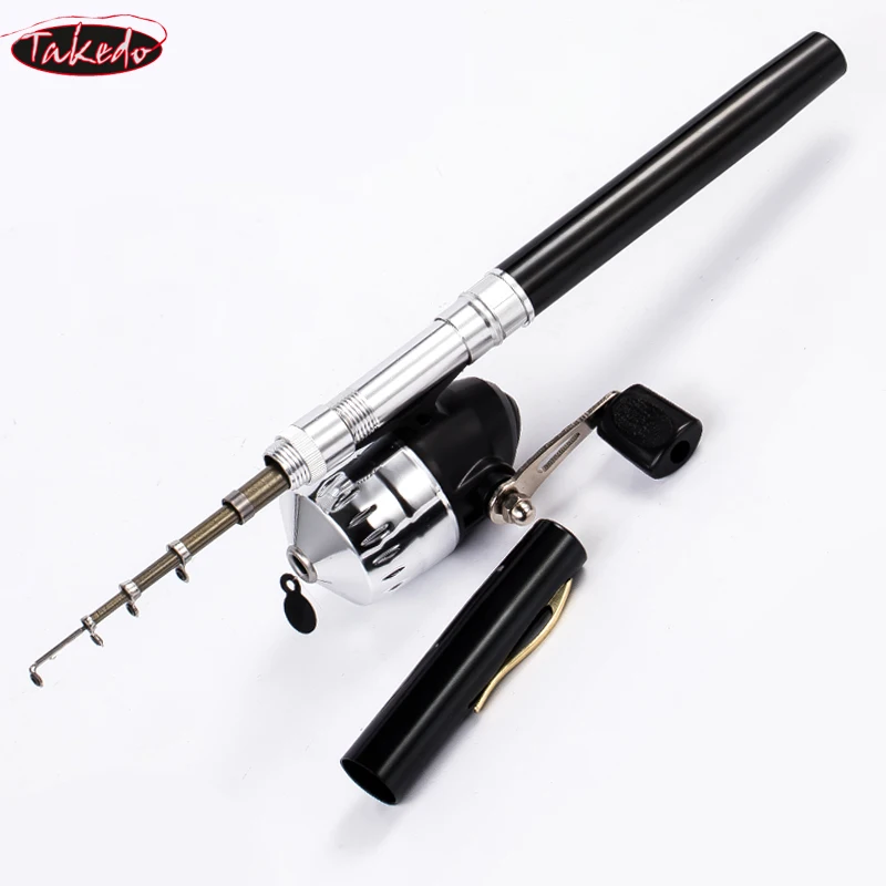 TAKEDO 1,0 M 1,4 M 1,6 M pluma de aleación de aluminio caña de pescar y carrete Mini caña de viaje de bolsillo telescópica caña de barco con mosca de hielo