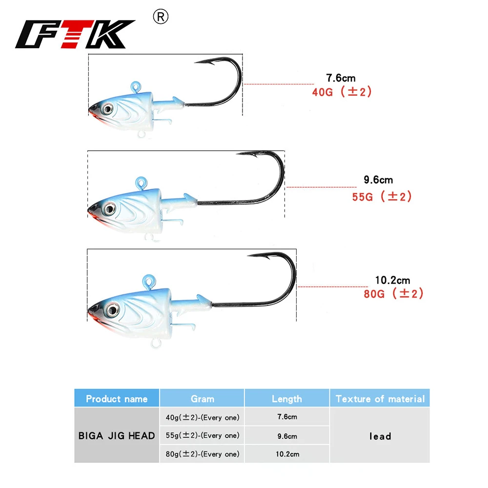 FTK 2 unids/lote 40g 55g 80g manivela anzuelo de cabeza anzuelo de pesca cabeza plantilla señuelo cebo duro anzuelo de gusano suave para pesca - imagen 2