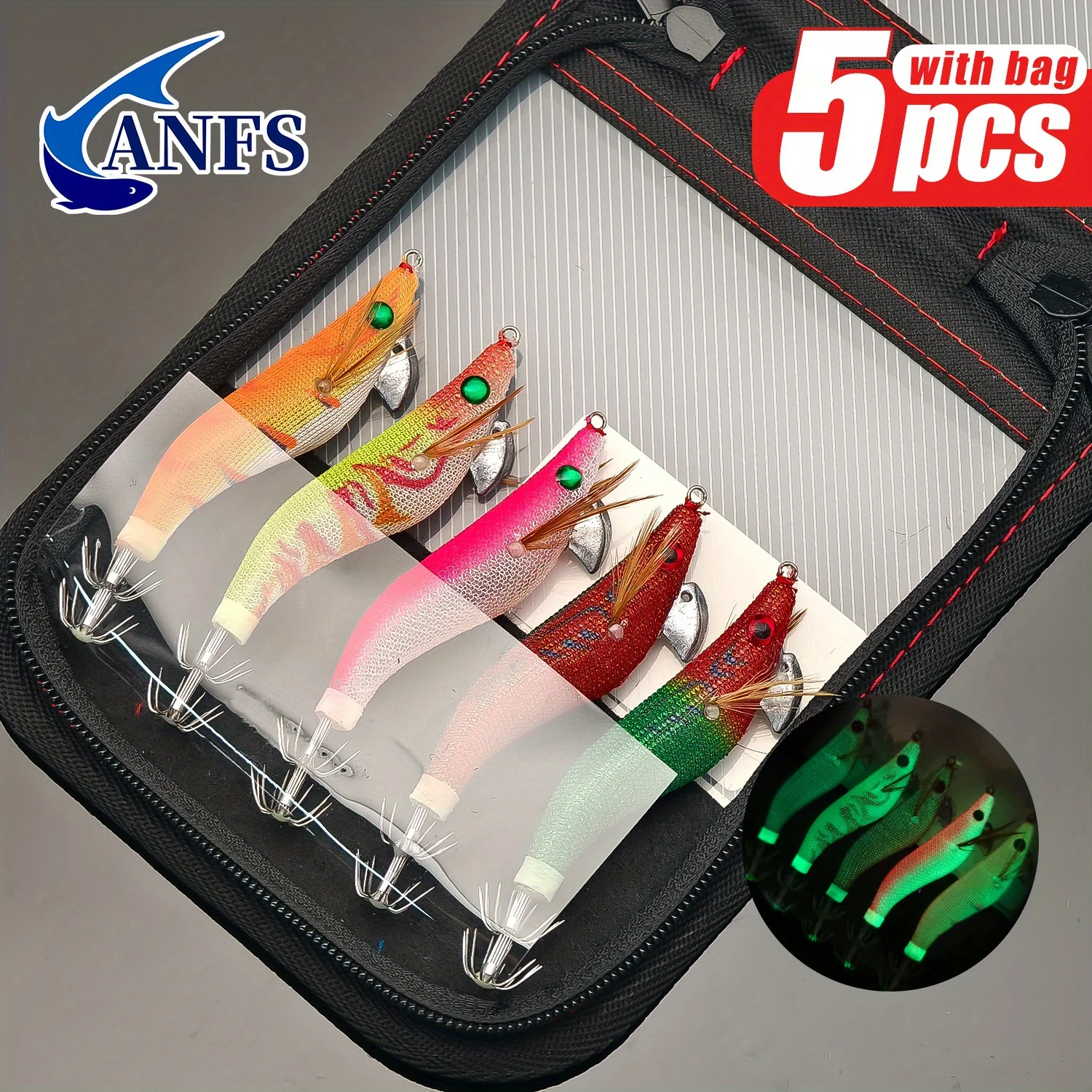 ANFS 5 plantillas de calamar con bolsa de almacenamiento: cebo luminoso con anzuelo de calamar para pesca en el mar, increíble regalo de pesca para pescador - imagen 5