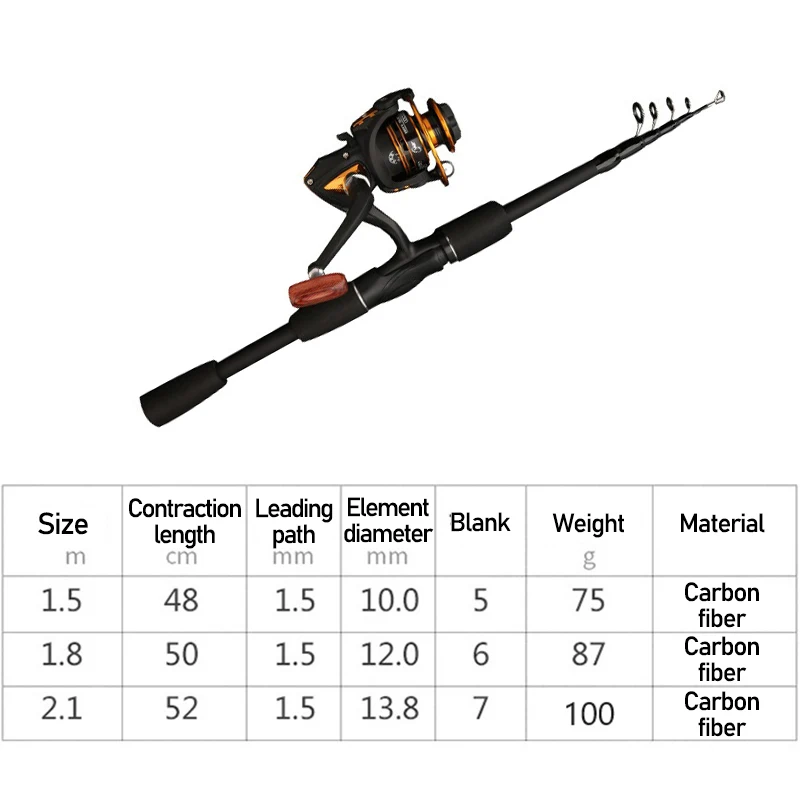 Caña de pescar telescópica de fibra de carbono, juego de carretes giratorios y Baitcasting, Kit de viaje - imagen 4