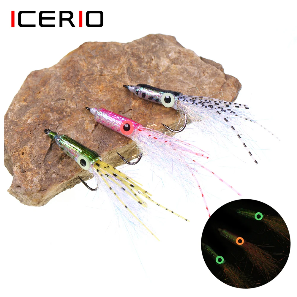 ICERIO ojos luminosos calamar mosca Artificial señuelo duro serpentinas gran juego peces moscas lubina Tarpon para especies de agua dulce y salada