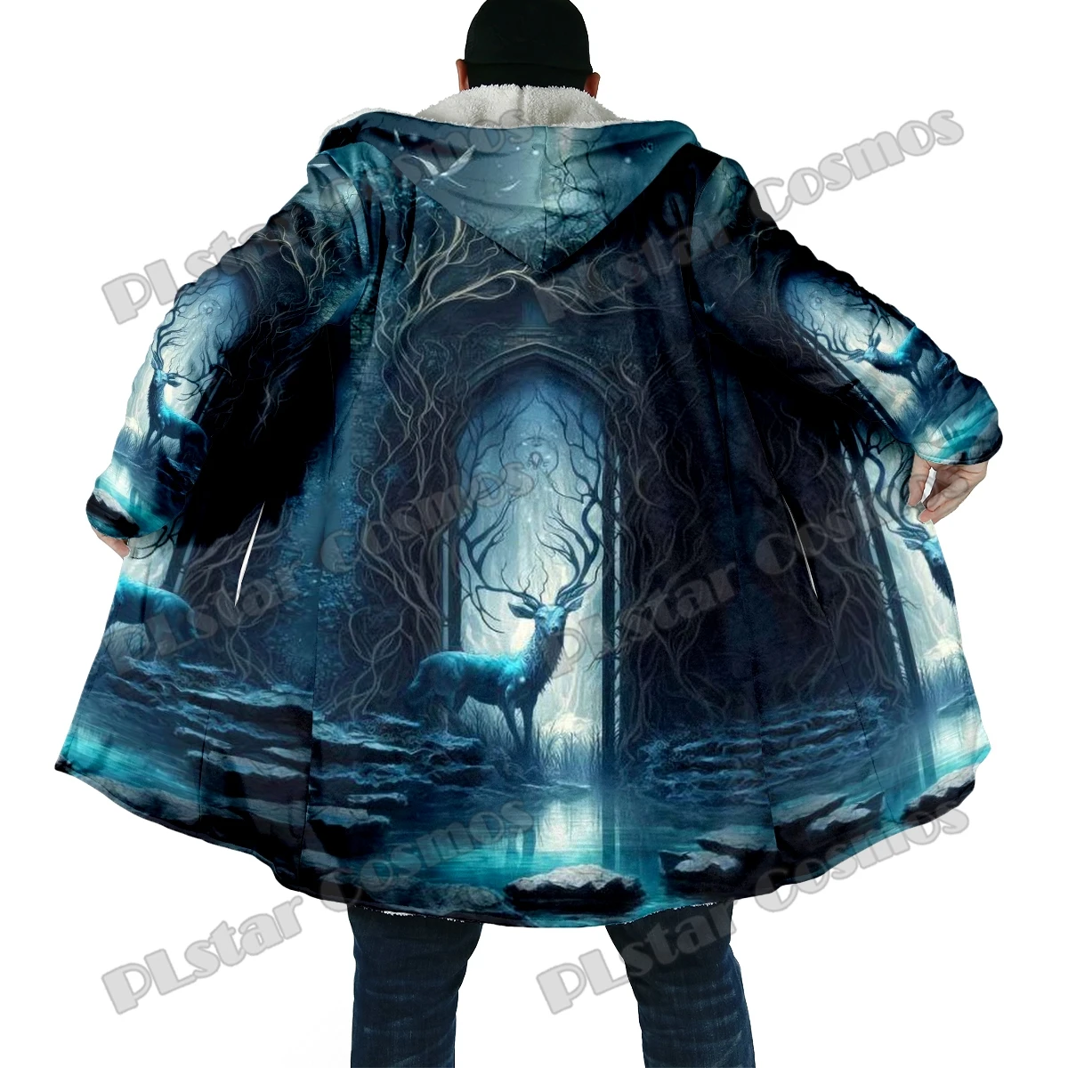 Capa de invierno a la moda para hombre, capa con capucha de lana gruesa con estampado 3D de unicornio y alces, capa cálida informal Unisex DP38 - imagen 5