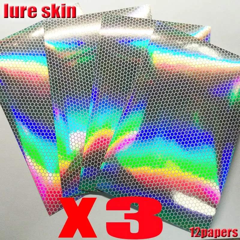 2025 NUEVAS Señuelos de pesca piel de pescado pegatina de señuelo caliente TAMAÑO 10 CM * 15 CM 12 papeles/lote hermosas pegatinas de señuelo - imagen 2
