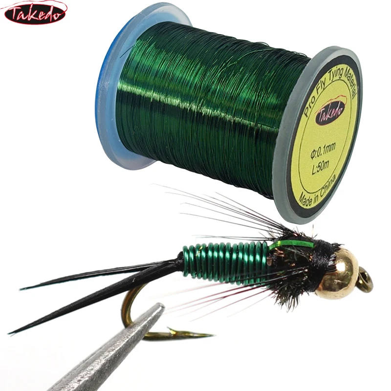 TAKEDO 0,1 MM 50M/carrete atado de moscas alambre de cobre para cebos de señuelo de mosca cuerpo acanalada plomo agua Metal atado de moscas hilo - imagen 3
